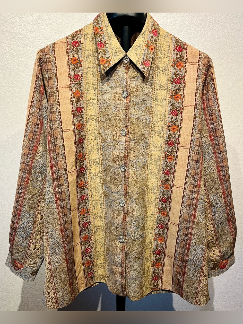 Vintage Multicolor Striped Floral Button-Up Blouse - Size L (Women’s)